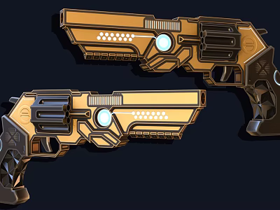 Sci Fi Style Gold And Black Pistols With Glowing Blue Components And Decorative Buttons 3d model
