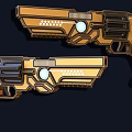 Sci Fi Style Gold And Black Pistols With Glowing Blue Components And Decorative Buttons