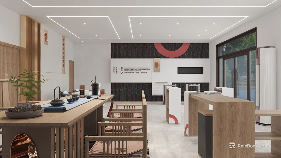 Chinese Tea Specialty Store Interior With Wooden Tea Table And Red Circular Decor 3d model 