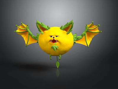 Yellow Lemon Shaped Creature With Green Leaf Ears And Wings Smiling Face Sharp Teeth Floating 3d model