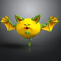 Yellow Lemon Shaped Creature With Green Leaf Ears And Wings Smiling Face Sharp Teeth Floating