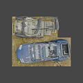 Severely Damaged Blue Car With Open Doors And Dented Shattered Body On Wooden Planks