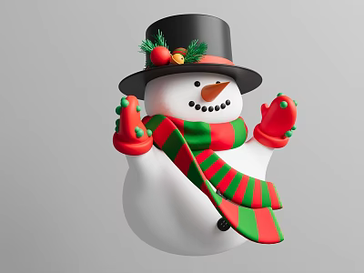 Festive Snowman with Black Top Hat Red Green Striped Scarf and Red Mittens 3d model
