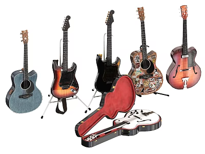 Artistic Musical Instruments Collection With Acoustic Electric Guitars Cases And Stands 3d model