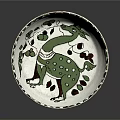 White Decorative Bowl With Green Bird Leaf And Black Geometric Patterns