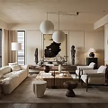 Neutral Modern Living Room With White Sofa Wooden Coffee Table Accent Chairs And Pendant Lights