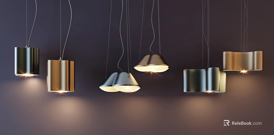 Contemporary Metal Pendant Lights With Various Shapes Illuminated On Dark Interior Background 3d model 