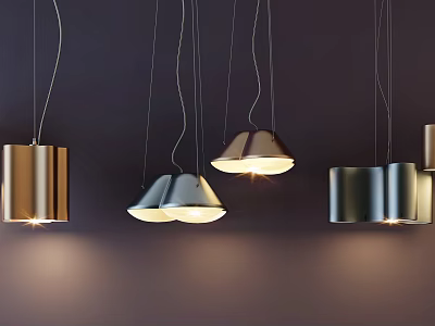 Contemporary Metal Pendant Lights With Various Shapes Illuminated On Dark Interior Background 3d model