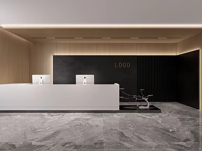 Sleek Minimalist Office Reception Area With White Counter Wood Panels And Premium Grey Marble Flooring 3d model