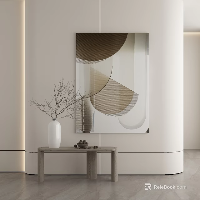 Minimalist Modern Decorative Ornament Combination with White Vase Branches Abstract Wall Art and Wooden Table 3d model 