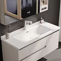 Modern Wall Mounted White Vanity with Mirror Hanging Lights Wooden Elements by Large Window 3d model