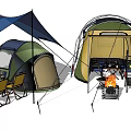 Outdoor Camping Tent Setup On Wooden Deck With Campfire and Cooking Gear