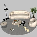 Modern Arched Sofa and Coffee Table Set with White Armchair Floor Lamp and Potted Plant