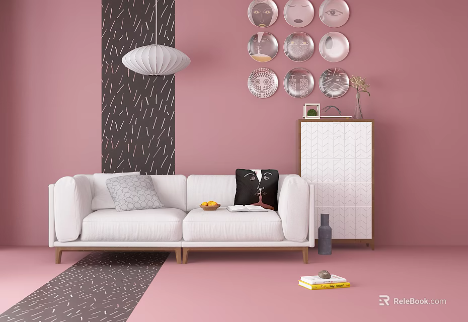 Modern Two Seater Sofa in Pink Living Room with Circular Wall Decor and Soft Cushions 3d model 