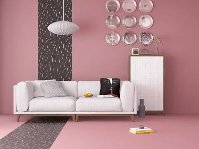 Modern Two Seater Sofa in Pink Living Room with Circular Wall Decor and Soft Cushions 3d model