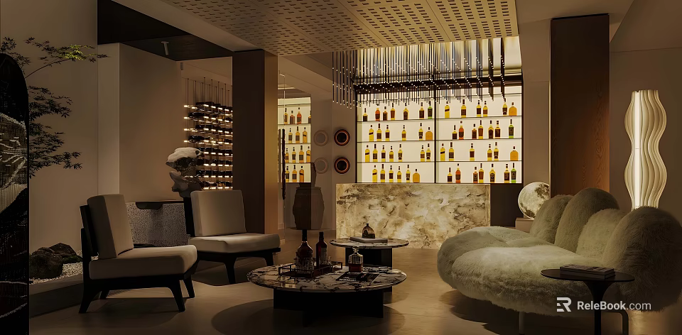 Luxury Wine Cellar Interior With Wine Bottles Display Shelves And Comfortable Seating Furniture 3d model 
