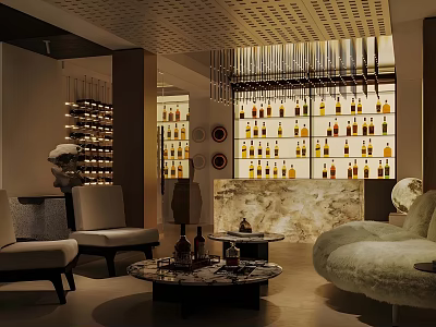 Luxury Wine Cellar Interior With Wine Bottles Display Shelves And Comfortable Seating Furniture 3d model