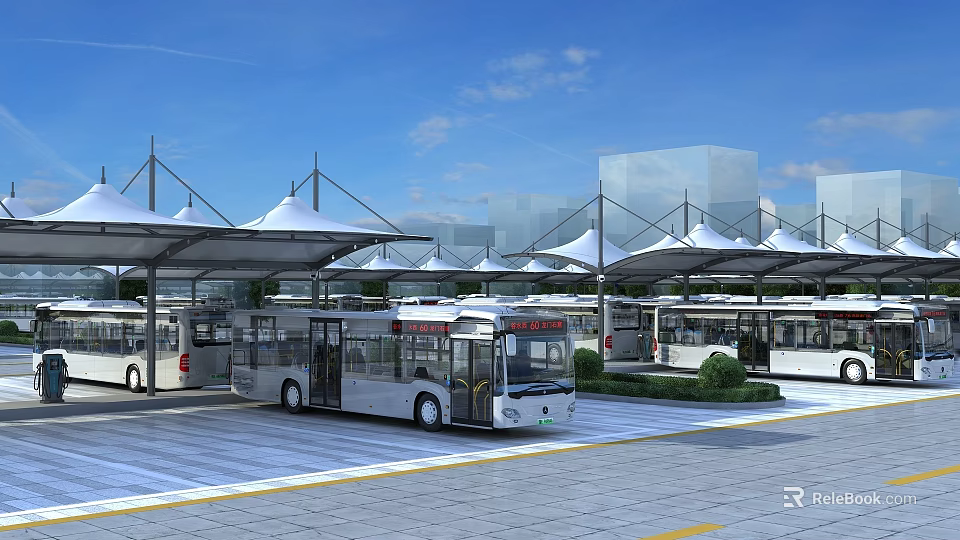 White Buses Parked At Modern Bus Station With Canopies Blue Sky And Buildings 3d model 