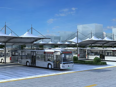 White Buses Parked At Modern Bus Station With Canopies Blue Sky And Buildings 3d model
