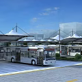 White Buses Parked At Modern Bus Station With Canopies Blue Sky And Buildings