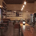 Cozy Bar Interior With Wooden Counter High Stools Hanging Lights And Guitar Decor