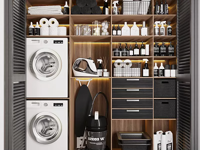 Modern Wooden Bathroom Cabinet Rack With Double Washing Machines Drawers Storage Baskets And LED Lighting 3d model