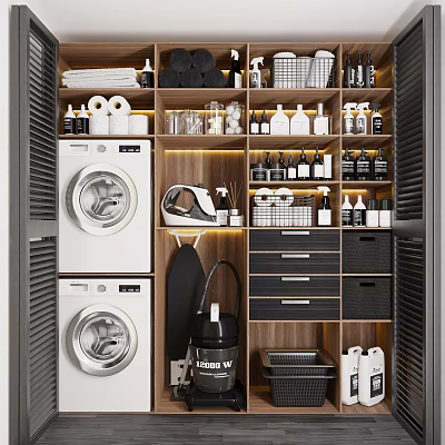 Modern Wooden Bathroom Cabinet Rack With Double Washing Machines Drawers Storage Baskets And LED Lighting 3d model