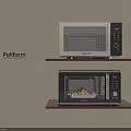 Two Kitchen Microwaves Mounted On Wall Wooden Shelves One With Food Inside