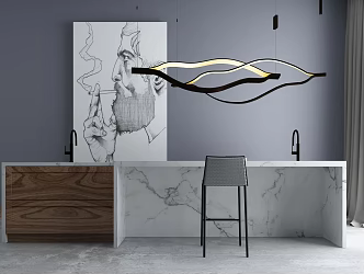 Open kitchen bar counter chandelier water bar combination 3d model