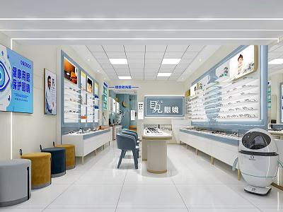 Modern Optical Store With Eyewear Display Shelves Robot Assistant Central Counter And Brand Posters 3d model