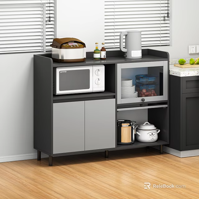 Modern Kitchen Sideboard Cabinet With Microwave Storage Dishes Cooking Pot And Open Shelves 3d model 