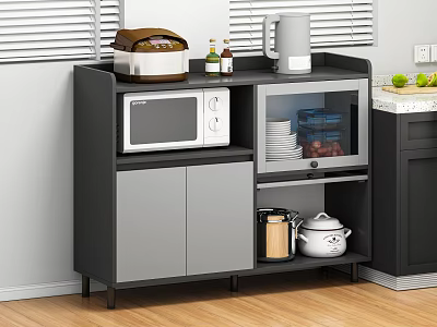 Modern Kitchen Sideboard Cabinet With Microwave Storage Dishes Cooking Pot And Open Shelves 3d model