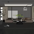 Modern Living Room Interior With Beige Sofa Coffee Table Arched Floor Lamp And Decorative Plant