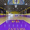 Modern Basketball Gym Interior With Yellow Purple Flooring Wall Posters Basketball Hoops And Ceiling Lighting
