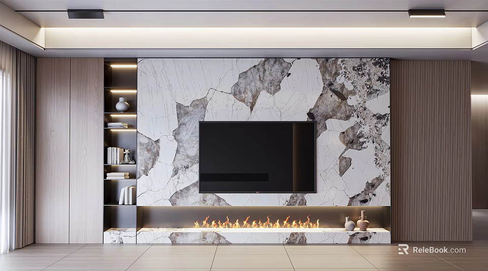 Modern TV Wall Design With Marble Texture Fireplace And Wooden Accents 3d model 