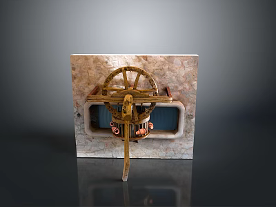 Artistic Decorative Structure With Golden Wheel On Intricate Marble Panel Design 3d model