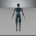 Blue Robot Character Standing With Mechanical Creature In Futuristic Sci Fi Setting 3d model