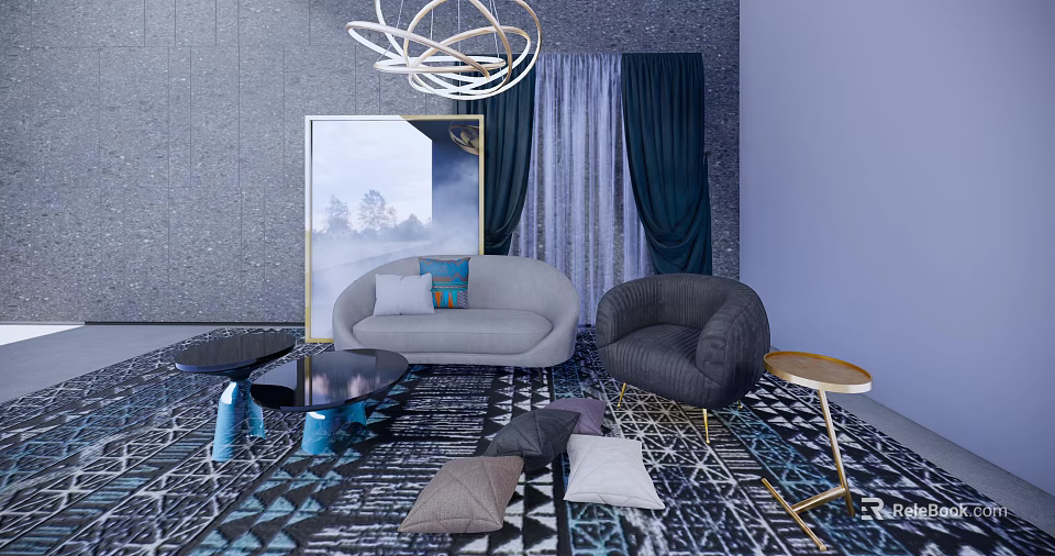 Modern Gray Sofa and Coffee Table Set with Geometric Rug Dark Curtains and Pendant Light 3d model 