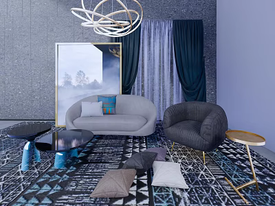 Modern Gray Sofa and Coffee Table Set with Geometric Rug Dark Curtains and Pendant Light 3d model