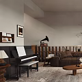 Cozy Living Room Interior With Brown Sofa Stone Fireplace Gramophone Piano And Wooden Coffee Table