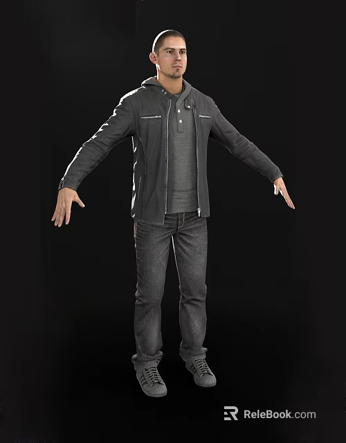 Man In Gray Jacket Gray T-shirt And Jeans With Arms Outstretched On Black Background 3d model 