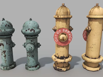 Four rusty green and yellow fire hydrants with Out of Service signs 3d model