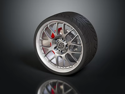 Car Tire With Silver Alloy Wheel Red Brake Calipers And Reflection On Dark Surface 3d model