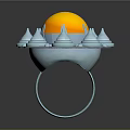 Intricate Sculpture Carving With Blue Ring Base And Decorative Spires Holding Yellow Sphere