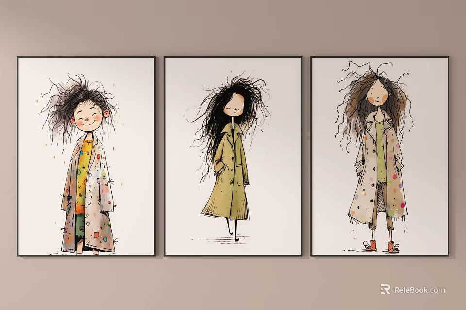 Three Character Paintings with Long Curly Hair and Stylish Coats in Artistic Hand Drawn Style 3d model 