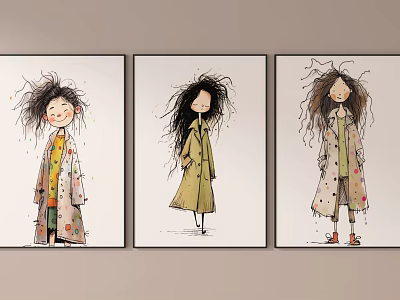Three Character Paintings with Long Curly Hair and Stylish Coats in Artistic Hand Drawn Style 3d model