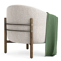 Comfortable Beige Fabric Single Chair With Wooden Legs Green Cushion And Geometric Pattern Blanket