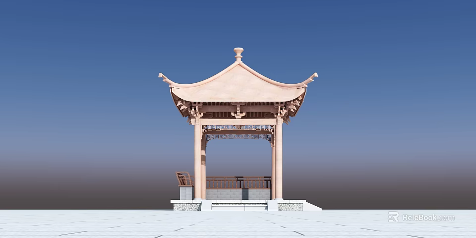 Traditional Chinese Pavilion With Curved Eaves Carved Columns And Blue Sky 3d model 