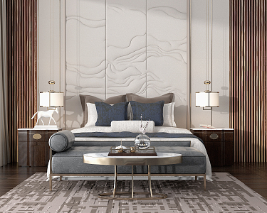 New Chinese background double bed double bed head background combination 3d model