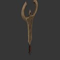 Golden and Red Glowing Weapon with Intricate Curved Metallic Decorative Patterns